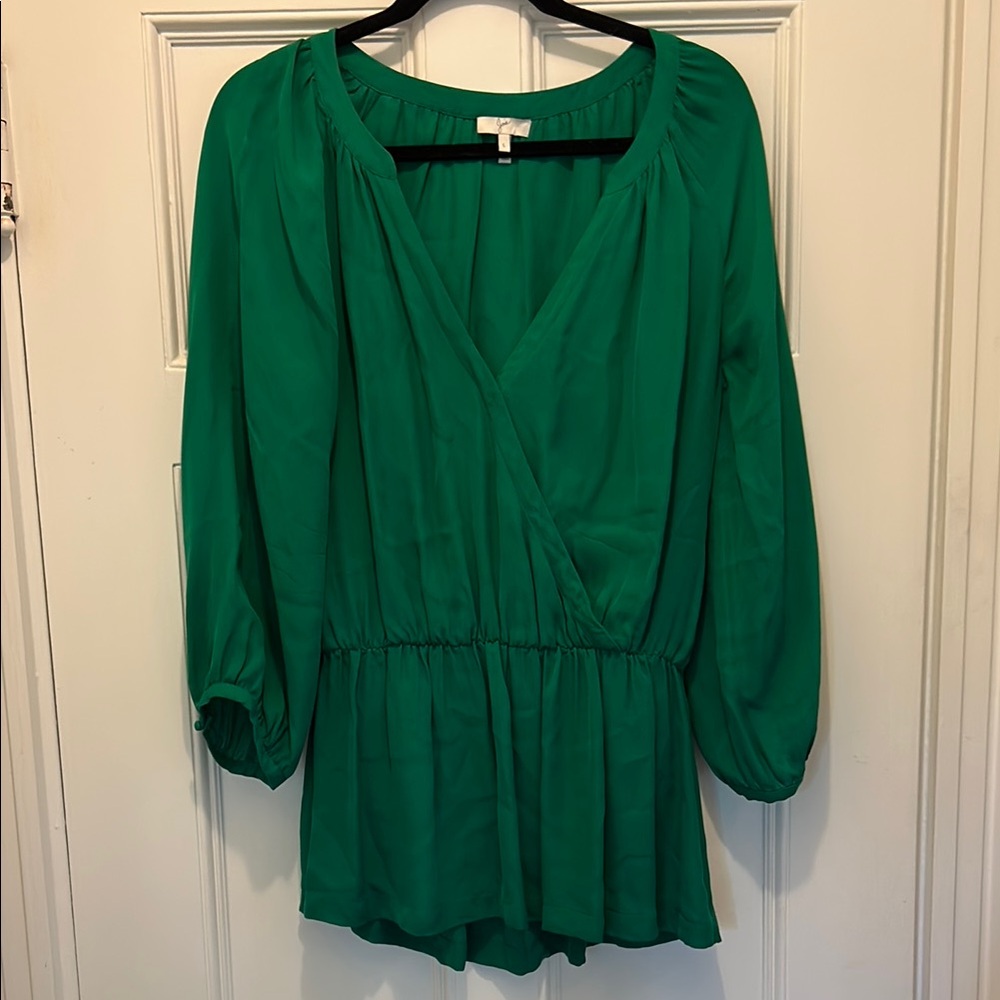 Joie Green silk faux Wrap 3/4 balloon Sleeve Blouse